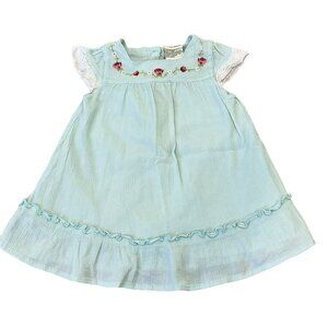 Laura Ashley 12 Months Strawberry Blue Gauze Cotton Lace Trim Dress